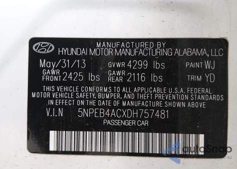 2013 Hyundai Sonata Gls z USA, uszkodzony, nr VIN 5NPEB4ACXDH757481